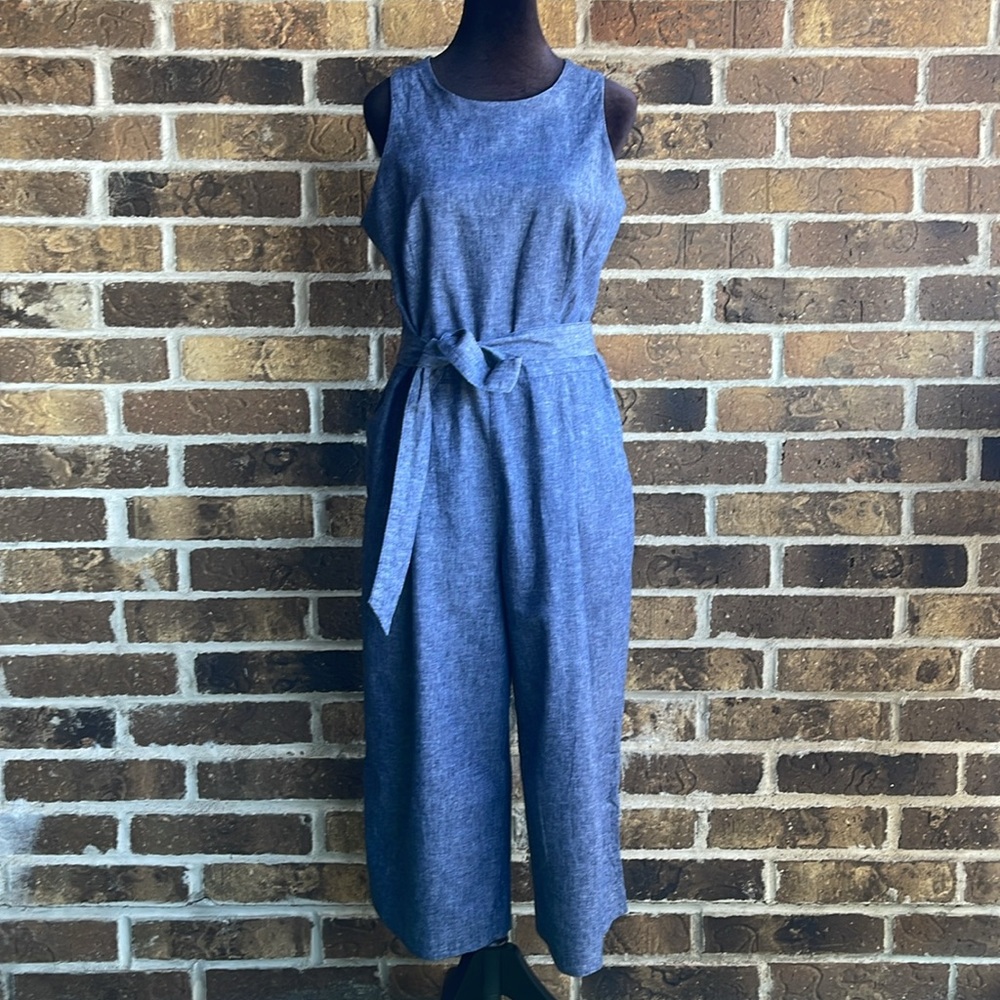 Banana Republic Blue Linen Blend Chambray Wide Leg Cropped Jumpsuit - Picture 2 of 14